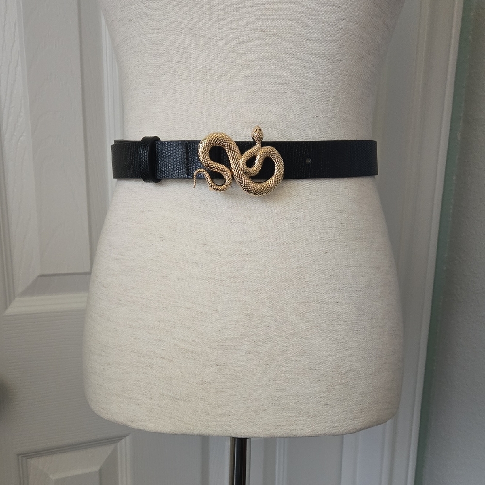 Classic Goth Vegan Leather Belt W/ Gold Snake Buckle, Adjustable, NWOT
